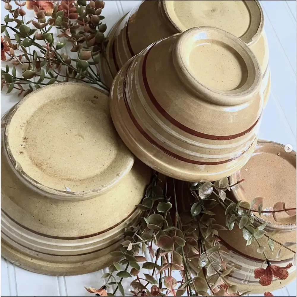 Antique 1930s Yellowware Stoneware Nesting Mixing Bowl White Brown Stripe Set x4